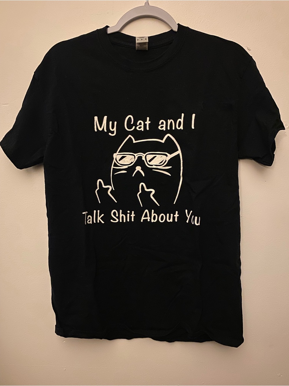 Gildan Black Tee with White Cat Graphic and Text